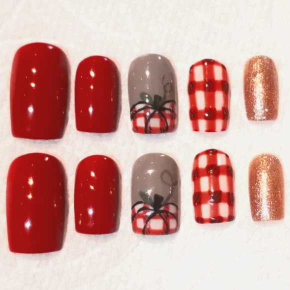 Handmade Fall Pumpkin Autumn Halloween Plaid press on nails - Picture 1 of 1